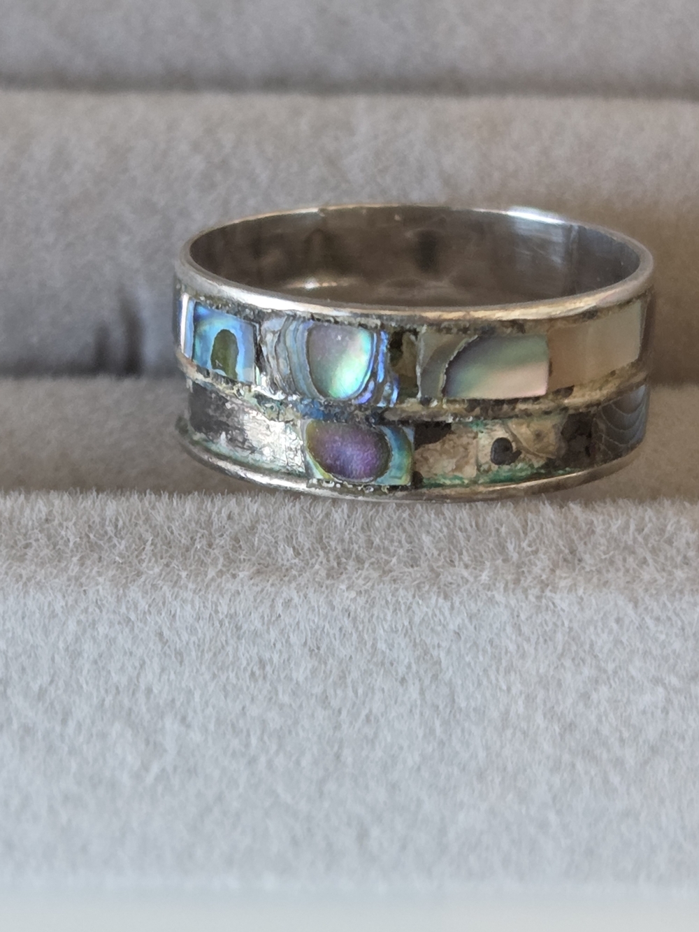 Sterling Silver Abalone Inlay Band Ring - Iridescent Green-Blue